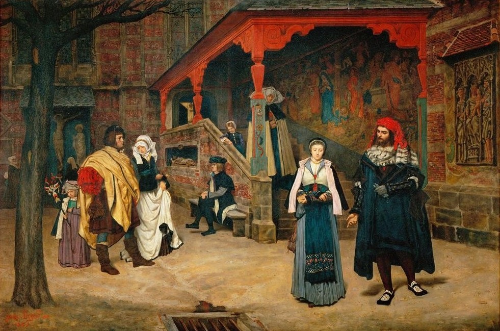 James Tissot (Jacques-Joseph), Rencontre de Faust et de Marguerite (Literatur,Strassenszene,Szene,Theater,Renaissance,Tragödie,Kirchgang,Französische Kunst,Schauspiel,Anmache,Historienmalerei,Kleidung (Allgemein),Strassenbekanntschaft,Person)