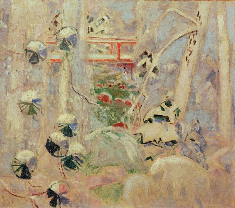 Oskar Moll, Schneelandschaft mit roter Brücke (Brücke,Deutsche Kunst,Jahreszeiten,Landschaft,Winter,Schnee,Rot,)