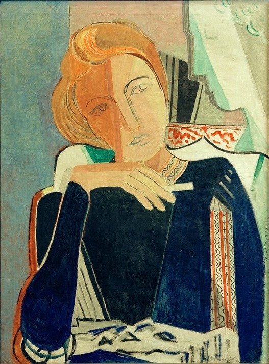 Oskar Moll, Inge II, in Dunkelblau mit Zigarette (Deutsche Kunst,Frau,Mensch,Tabak,Zigarette,Genussmittel,Rauchen,Portrait,Halbfigur,Raucherin,)