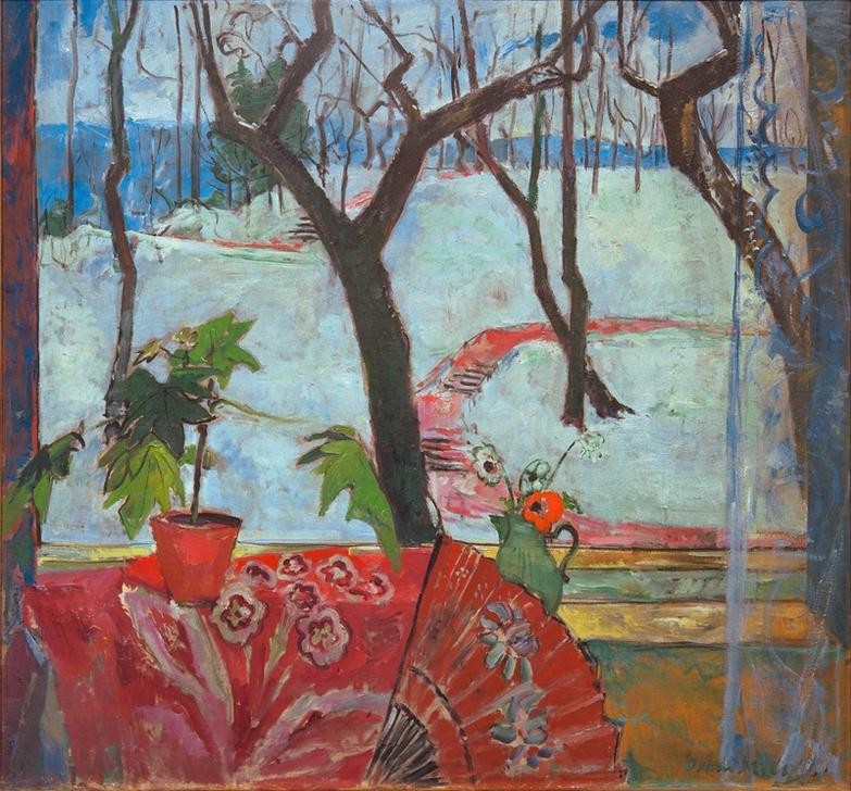Oskar Moll, Atelierfenster Breslau mit Schneelandschaft (Deutsche Kunst,Fächer,Fenster,Landschaft,Winter,Schnee,Interieur,Blick Aus Dem Fenster,)