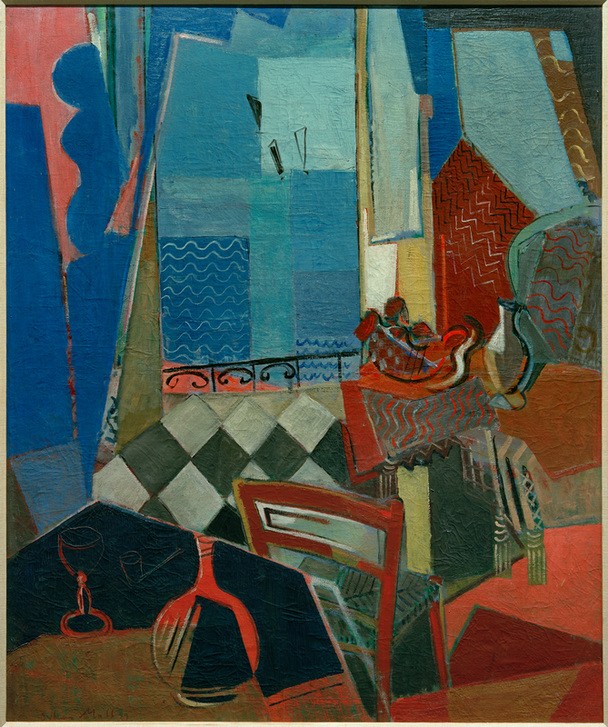 Oskar Moll, Fensterausblick mit Pfeife, Glas und Fliesenboden (Fenster, Ausblick, Glas, Tabak-Pfeife Stillleben, Interieur, Vorhang, Kubismus, klassische Moderne, Wunschgröße, Esszimmer, Treppenhaus, Wohnzimmer, Malerei)