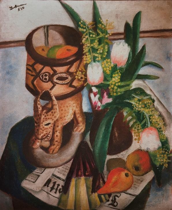 Max Beckmann, Stilleben mit afrikanischer Plastik (Stillleben, Expressionismus, Klassische Moderne, Malerei, Wohnzimmer, Esszimmer, Treppenhaus, Wunschgröße, bunt)