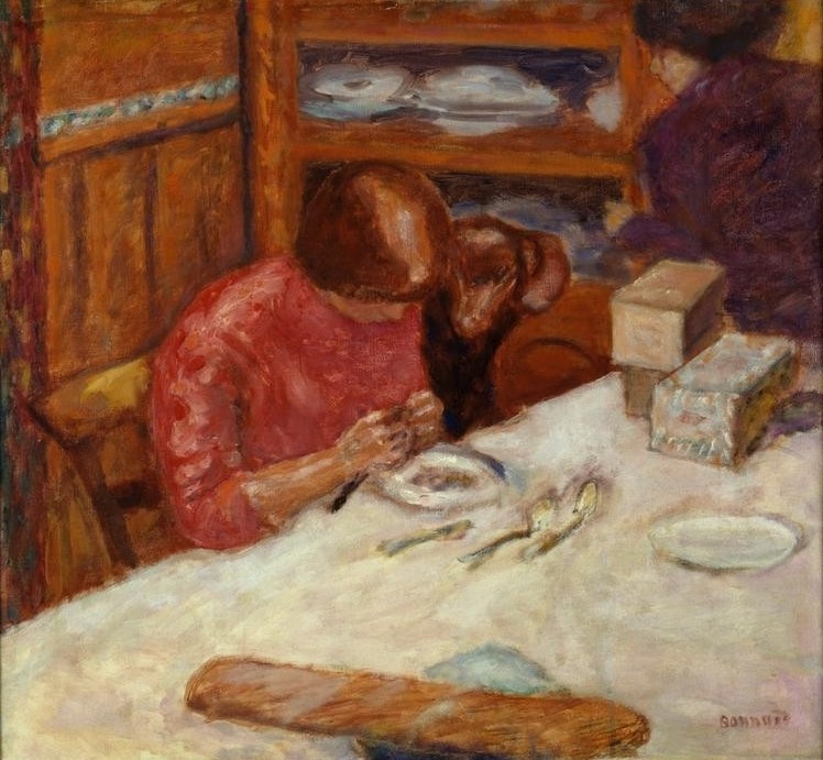 Pierre Bonnard, Intérieur ou la Femme au chien (Frau,Küche,Kunst,Mensch,Hund,Interieur,Französische Kunst,Haustier,Baguette,Frau Und Tier,Frauenleben,Tier,Postimpressionismus)