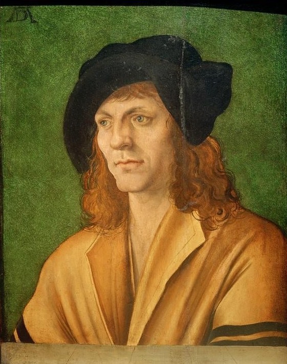 Albrecht Dürer, Bildnis eines jungen Mannes im gelben Wams (Deutsche Kunst,Herrenmode,Jugend (Lebensalter),Kunst,Mann,Mensch,Renaissance,Portrait,Fälschung,Barett,Langes Haar,Monogramm,Wams,Brüstung,Brustbild,Gelb,Junger Mann)