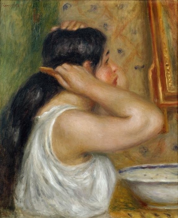 Pierre-Auguste Renoir, La toilette, femme se peignant (Körperpflege,Bad,Frau,Haarpflege,Kunst,Morgentoilette,Impressionismus,Kamm,Französische Kunst,Frauenleben,Langes Haar,Junge Frau,Haarekämmen)