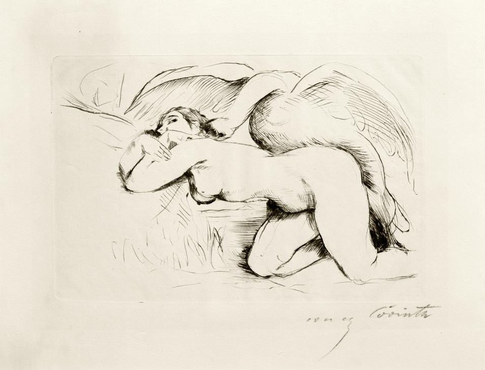 Lovis Corinth, Leda mit dem Schwan (Deutsche Kunst,Erotik,Frau,Kunst,Mythologie,Vogel,Schwan (Tier),Impressionismus,Akt,Metamorphose,Verführung,Geschlechtsverkehr,Götterliebschaften,Götter,Erotische Kunst,Sexualität,Perversion,Frau Und Tier,Tier,Gott,Zoophilie,Wasservogel,Griechisch-Römisch)