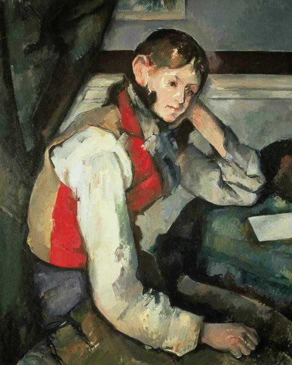 Paul Cézanne, Junger Mann mit roter Weste (Jugend (Lebensalter),Kind,Mann,Mensch,Mode,Volkskunde,Impressionismus,Portrait,Nachdenken,Weste,Französische Kunst,Kleidung (Allgemein),Gedanken,Rot,Kopf Stützen,Land Und Leute,Junger Mann)