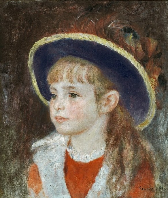 Pierre-Auguste Renoir, Fillette au chapeau bleu (Kind,Kopfbedeckung,Kunst,Mädchen,Mensch,Impressionismus,Hut,Portrait,Französische Kunst,Privatsammlung,Brustbild)