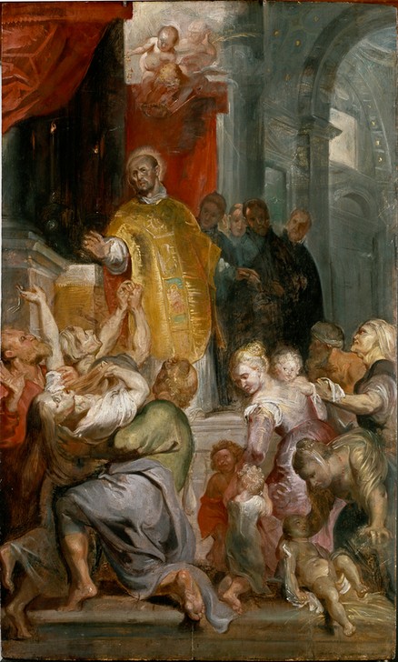 Peter Paul Rubens, Die Wunder des hl. Ignatius von Loyola (Christentum,Flämische Kunst,Frau,Katholische Kirche,Kunst,Ordensstifter,Religion,Altar,Gegenreformation,Barock,Dämon,Theologie,Wunder,Heiligenlegende,Architekturdarstellung,Niederländische Kunst,Exorzismus,Entwurf,Mutter Und Säugling,Heiliger,Jesuiten,Per)