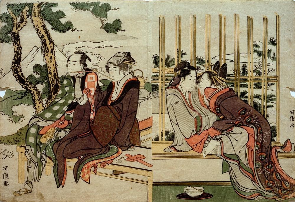 Katsushika Hokusai, Azuma und Yogoro im Altschnee. Koman und Yosaku im Abendrot (Kunst,Liebespaar,Literatur,Völkerkunde,Japanische Kunst,Samurai (Völkerkunde),Kiefer (Baum),Baum,Diptychon,Poesie,Illustration,Puppentheater,Land Und Leute,Nadelbaum)