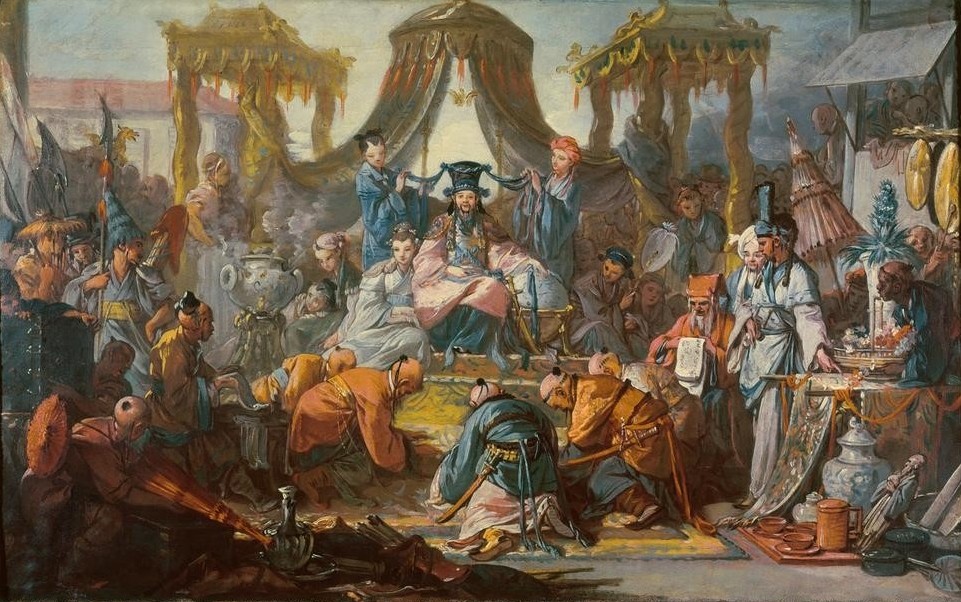 Francois Boucher, L’Audience de l’empereur de Chine (Kaiser,Kunst,Szene,Völkerkunde,Rokoko,Höfische Gesellschaft,Chinoiserie,Kniefall,Thron,Französische Kunst,Baldachin,Exotik)