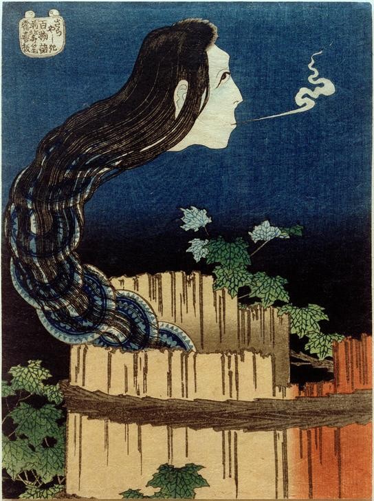 Katsushika Hokusai, Das Tellerhaus (Essgeschirr,Frau,Gespenst,Kunst,Mensch,Völkerkunde,Brunnen,Japanische Kunst,Nacht,Teller,Geistererscheinung,Magd,Küchenmagd,Unheimlich,Junge Frau,Erzählung,Geschirr Zerschlagen,Geschirr (Zerbrochen),Signatur,Geist,Geschirr (Haushalt))