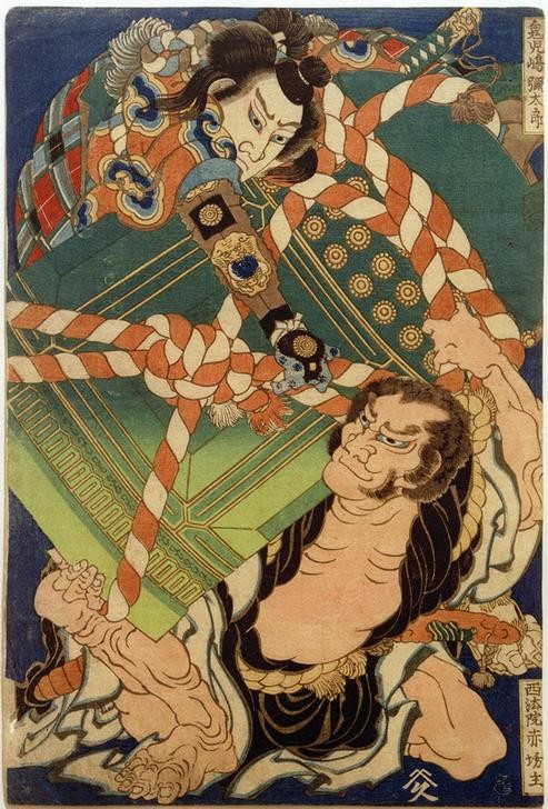 Katsushika Hokusai, Onikojima yatarô und Seihôin akabôzu (Held,Kunst,Mann,Völkerkunde,Japanische Kunst,Sieg (Erfolg),Kraftprotz,Glocke,Seil,Kampf,Gut Und Böse,Krieger,Tapferkeit,Bösewicht,Kraft,Land Und Leute,Zweikampf,Signatur)