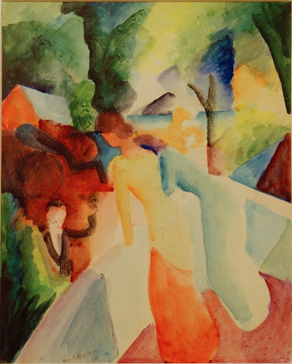 August Macke, Gruß vom Balkon (Balkon,Besuch,Deutsche Kunst,Frau,Gesellschaftliches Leben,Gesellschaft,Mensch,Hutlüften,Begrüssung,Expressionismus,Der Blaue Reiter,Frauenleben)