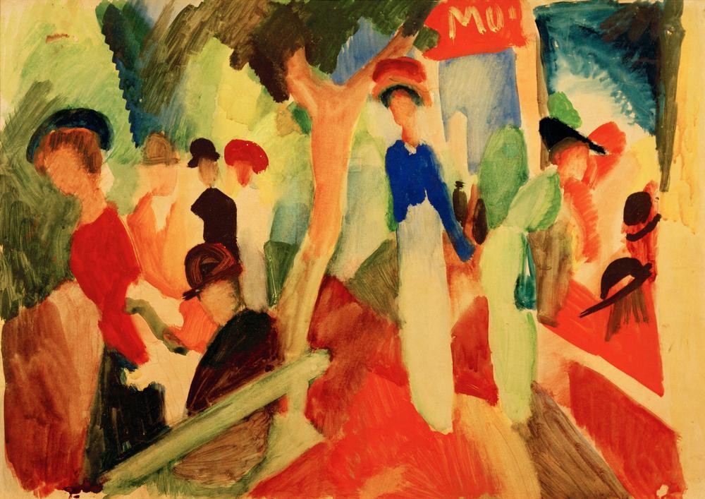 August Macke, Hutladen an der Promenade (Deutsche Kunst,Schaufenster,Spaziergang,Verkehr,Expressionismus,Hutgeschäft,Der Blaue Reiter,Fussgänger,Einkaufsbummel,Promenade)