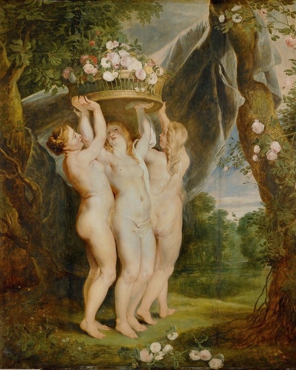 Peter Paul Rubens, Die drei Grazien (Botanik,Flämische Kunst,Frau,Jahreszeiten,Kunst,Landschaft,Mythologie,Barock,Frühling,Akt,Niederländische Kunst,Göttin,Tragen,Drei,Blumenkorb,Blume,Karyatide,Griechisch-Römische Mythologie,Gemeinschaftsbild)