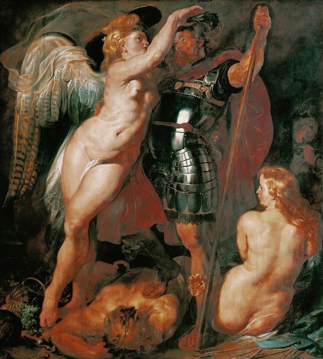 Peter Paul Rubens, Die Krönung des Tugendhelden (Flämische Kunst,Held,Kriegsgefangene,Laster,Mythologie,Barock,Allegorie,Sieg (Erfolg),Tugend,Psychomachie,Niederländische Kunst,Siegerehrung,Tugendheld,Siegerpose,Griechisch-Römische Mythologie)