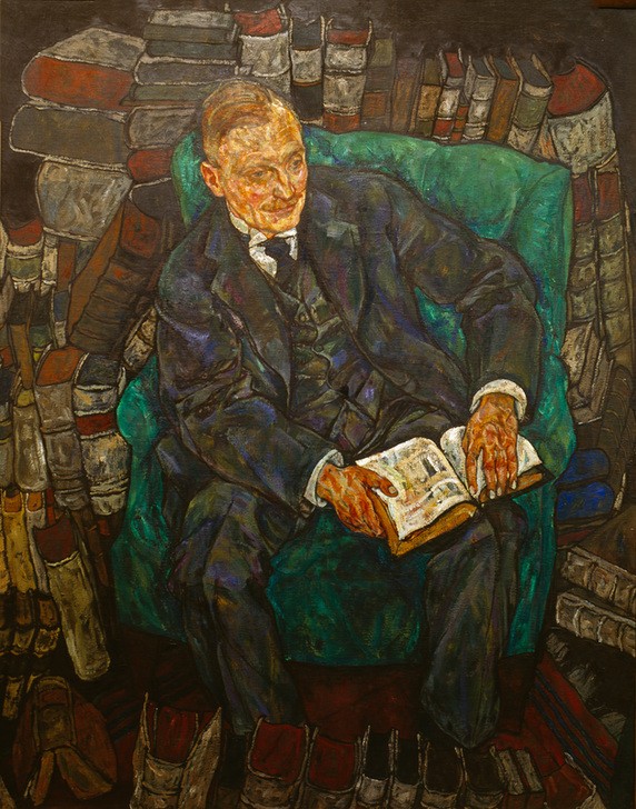 Egon Schiele, Dr. Hugo Koller (Bibliothek,Buch,Industrieller,Leser,Mann,Unternehmer,Portrait,Expressionismus,Lesen (Allgemein),Mäzen,Österreichische Kunst,Bibliophilie,Person)