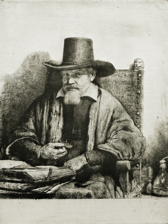 Rembrandt Harmenszoon van Rijn, Porträt des Arztes Arnout Tholinx (Arzt,Buch,Geschichte,Herrenhut,Mann,Medizin,Politiker,Politik,Hut,Barock,Portrait,Lesen (Allgemein),Niederländische Kunst,Holländische Kunst,Sitzen,Halbfigur,Person)