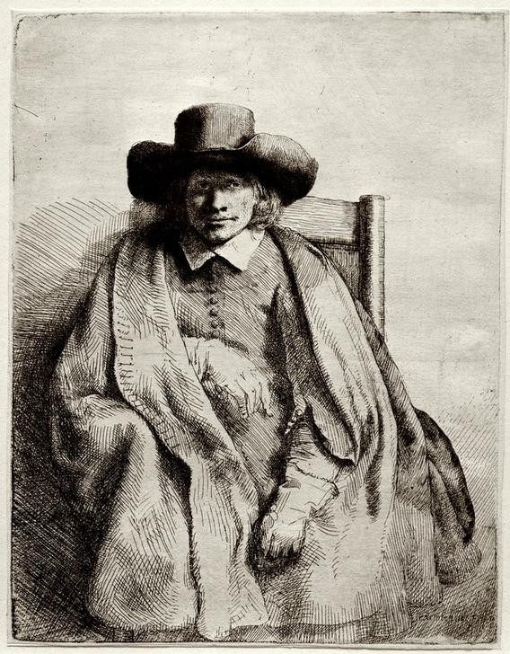 Rembrandt Harmenszoon van Rijn, Porträt des Kunsthändlers Clement de Jonghe (Handel,Herrenhut,Kunsthändler,Kunsthandel,Mantel,Mann,Wirtschaft (Ökonomie),Barock,Portrait,Niederländische Kunst,Holländische Kunst,Sitzen,Person,Verleger)