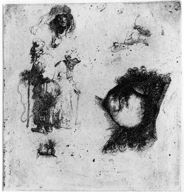 Rembrandt Harmenszoon van Rijn, Studienblatt mit Selbstbildnis und Bettlern (Gesellschaft,Künstler,Maler (Künstler),Soziales,Barock,Selbstbildnis,Studie,Niederländische Kunst,Bettler,Holländische Kunst,Kopf,Person)
