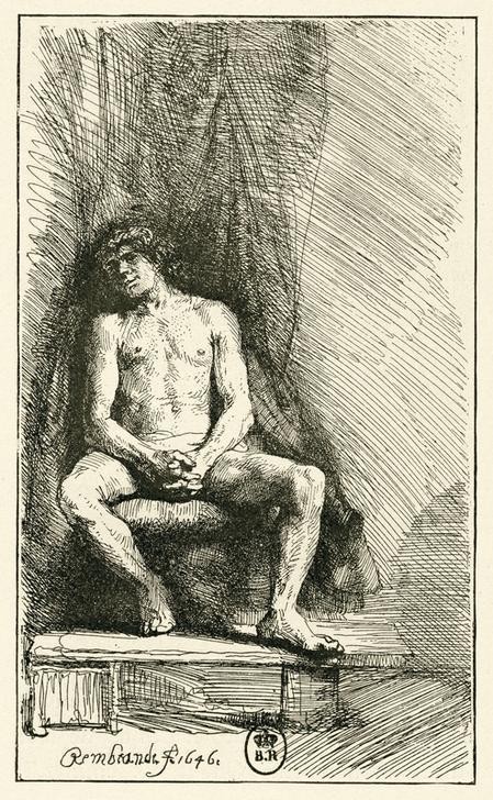Rembrandt Harmenszoon van Rijn, Männlicher Akt, sitzend (Erotik,Mann,Barock,Akt,Niederländische Kunst,Holländische Kunst,Sitzen,Junger Mann)