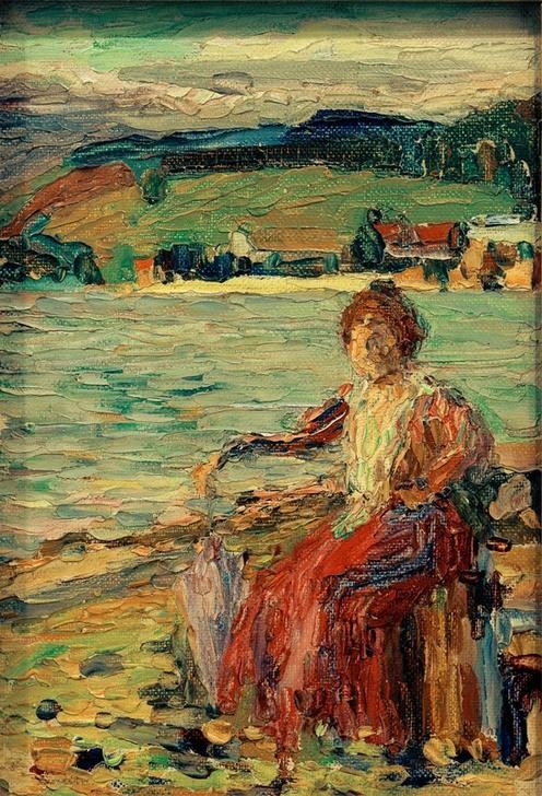 Wassily Kandinsky, Im roten Kleid am Seeufer (Frau,Rast,Freizeit,Spaziergang,Portrait,Reise,Russische Kunst,Ufer,Ausruhen,Frauenleben,Sitzen)