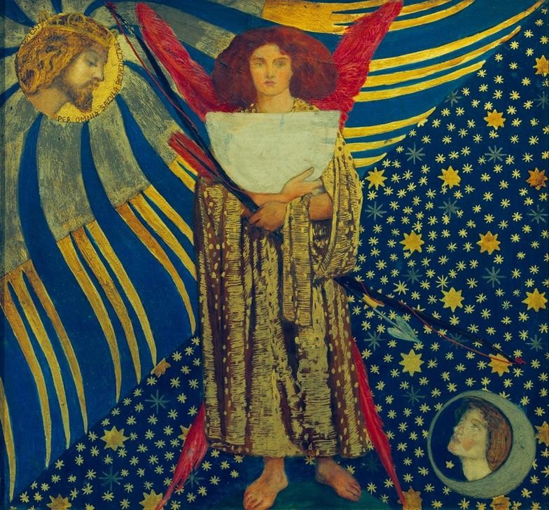 Dante Gabriel Rossetti, Dantis Amor (Engel,Dichter,Liebe,Mond,Sonnenuhr,Sonne,Symbolismus,Allegorie,Präraffaeliten,Englische Kunst,Todesengel,Mystische Vermählung,Mystik,Unsterblichkeit,Kosmologie,Person)