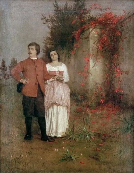 Arnold Böcklin, Selbstbildnis des Künstlers mit seiner Frau Angela (Künstlerpaar, Ehepaar,  Spaziergang, Tracht, Mauer, Herbst, Portrait, Doppelportrait, Persönlichkeiten, Menschen, Symbolismus, Wunschgröße, Klassiker, Wohnzimmer, bunt)