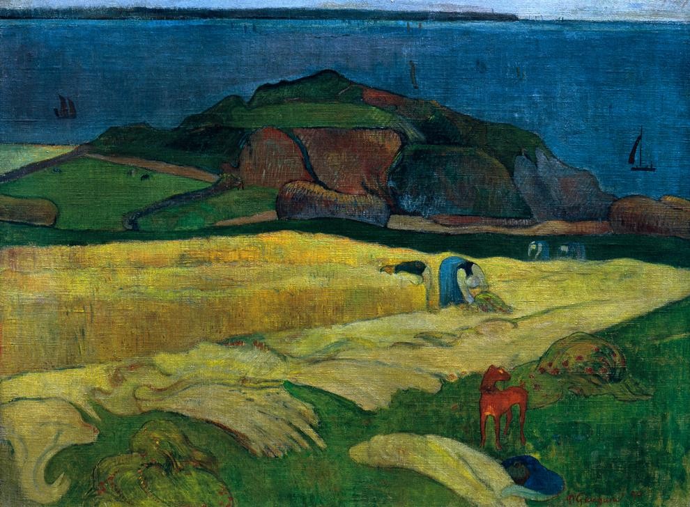 Paul Gauguin, Die Ernte am Meer: Le Pouldu (Ernte,Küste,Landschaft,Meer,Impressionismus,Getreide,Französische Kunst,Landleben,Getreidefeld,Feldarbeit,Landwirtschaft)