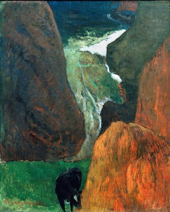 Paul Gauguin, Landschaft mit Kuh zwischen Klippen (Landschaft,Rind,Impressionismus,Französische Kunst,Tier,Klippe,Weide (Wiese))