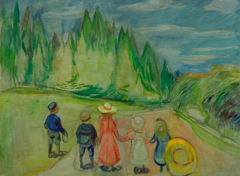 Edvard Munch, Verwunschener Wald (Kind,Landschaft,Spaziergang,Symbolismus,Expressionismus,Rückenfigur,Norwegische Kunst,Kinderleben,Zauberwald)