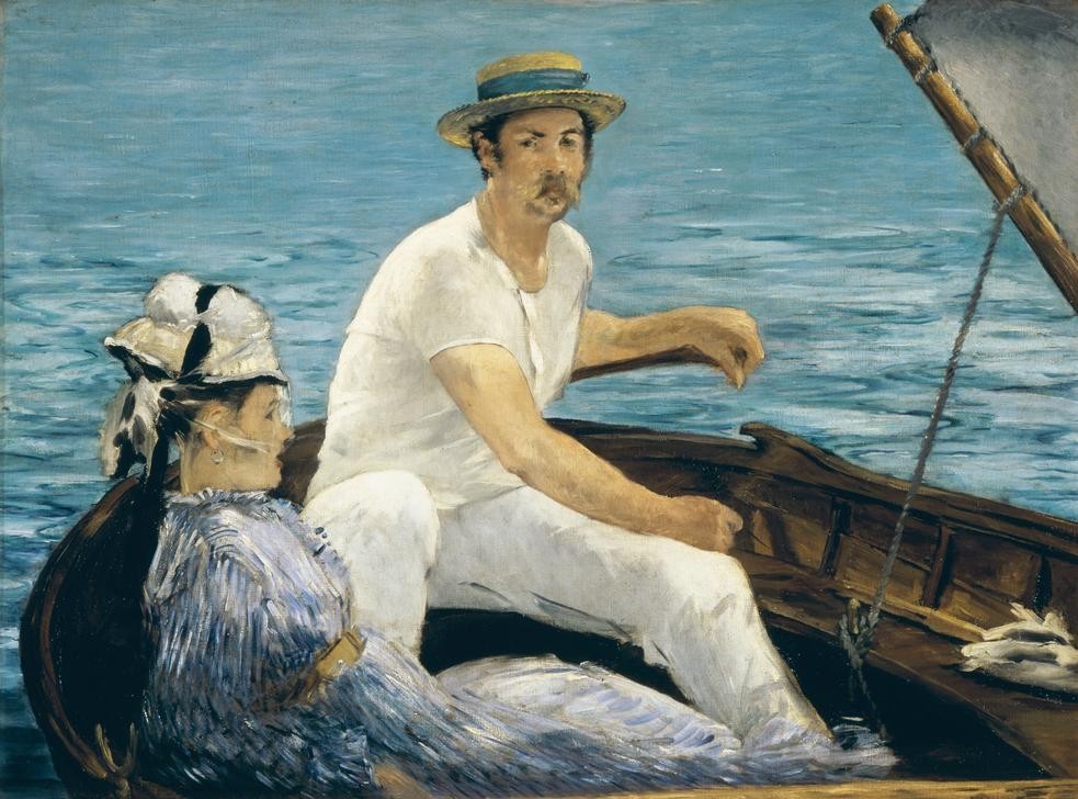 Edouard Manet, En bateau (Bootspartie,Boot,Freizeit,Rudern,Ruderboot,Schiff,Schiffstypen,Sport,Impressionismus,Segelboot,Hut,Reise,Französische Kunst,Paar,Kleidung (Allgemein),Mütze)
