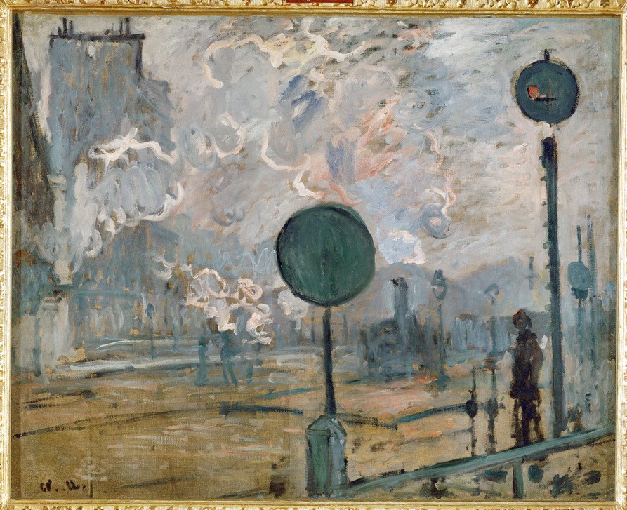 Claude Monet, La Gare Saint-Lazare à l’exterieure (le signal) (Bahnhof,Eisenbahn,Geographie,Industrie,Transport,Verkehr,Impressionismus,Stadtansicht,Französische Kunst,Rauch,Kommunikation,Topographie,Dampf,Signal (Zeichen))