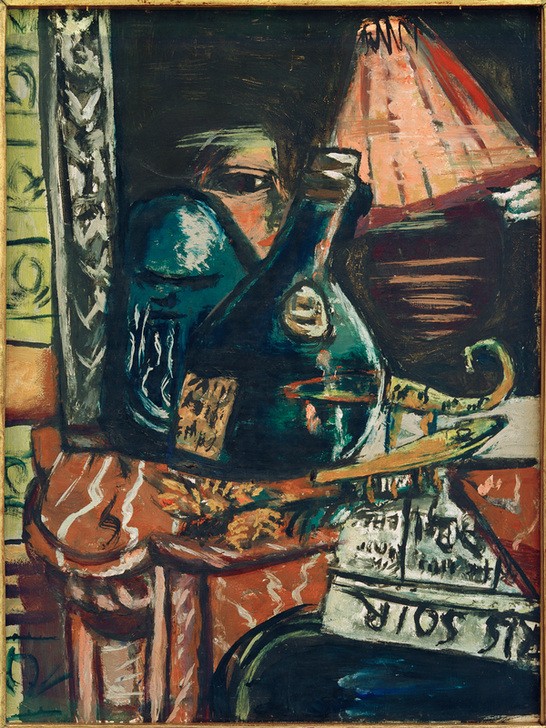 Max Beckmann, Stilleben mit schiefer Schnapsflasche und Buddha (Stillleben, Expressionismus, Klassische Moderne, Malerei, Wohnzimmer, Esszimmer, Treppenhaus, Wunschgröße, bunt)