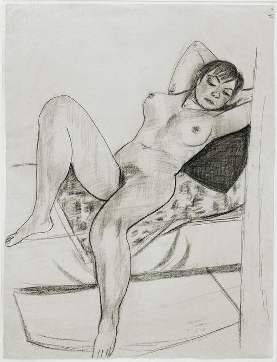Max Beckmann, Liegender weiblicher Akt (Akt, nackte, Frau, Brüste, Expressionismus, Klassische Moderne, Grafik, Studie, Wohnzimmer, Treppenhaus, Wunschgröße, schwarz/weiß)