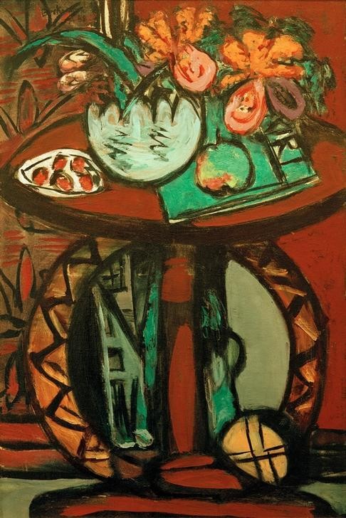 Max Beckmann, Stilleben mit orangerosa Orchideen (Stillleben, Expressionismus, Klassische Moderne, Malerei, Wohnzimmer, Esszimmer, Treppenhaus, Wunschgröße, bunt)