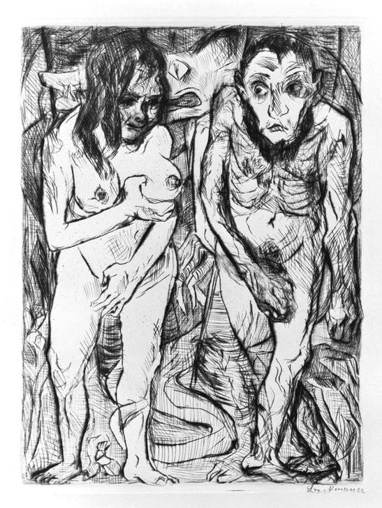Max Beckmann, Adam und Eva (Religion, Glaube, Paradies, Schlange, Altes Testament, Expressionismus, Klassische Moderne, Grafik, Studie, Wohnzimmer, Treppenhaus, Wunschgröße, schwarz/weiß)
