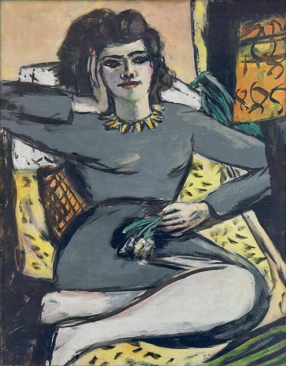 Max Beckmann, Ruhende Frau mit Nelken, Bildnis Quappi (sitzende Frau, Mathilde Beckmann, Sängerin, Portrait, Persönlichkeiten, Expressionismus, Klassische Moderne, Malerei, Wohnzimmer, Treppenhaus, Wunschgröße, bunt)