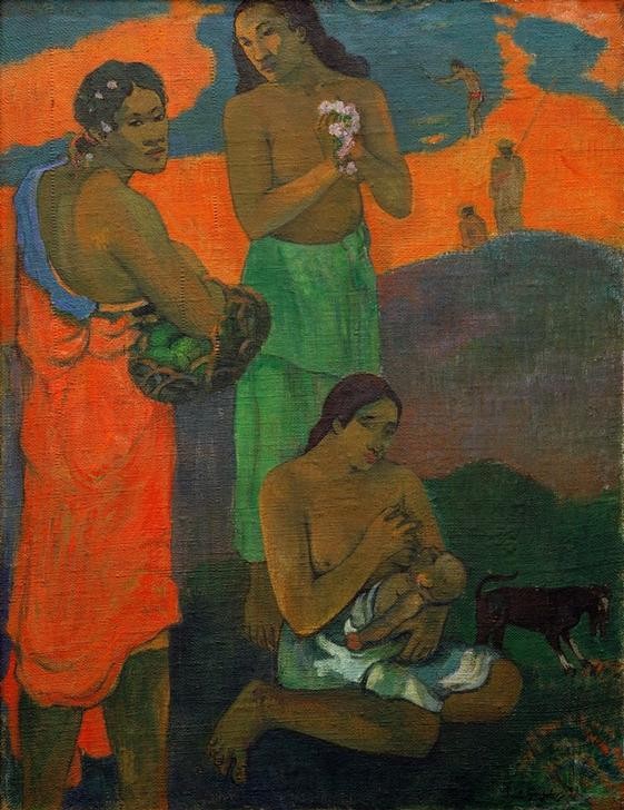 Paul Gauguin, Maternité (Frau,Gruppenbild,Kunst,Mutter Und Kind,Tracht,Völkerkunde,Stillen,Naturvölker,Hund,Trio,Französische Kunst,Drei,Kleidung (Allgemein),Frauenleben,Jahrhundertwende,Ureinwohner,Synthetismus,Land Und Leute,Signatur)