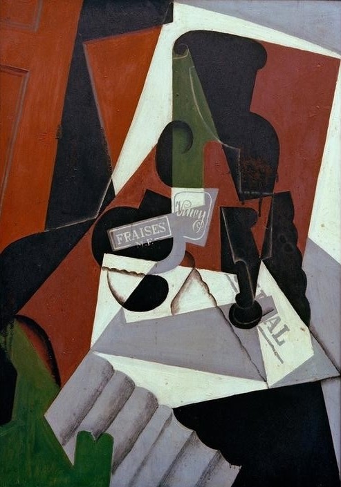Juan Gris, La Confiture des fraises (Stillleben, Zeitung, Glas, Erdbeermarmelade,Tisch, Wunschgröße, Kubismus, Klassische Moderne, Malerei, Wohnzimmer, bunt)