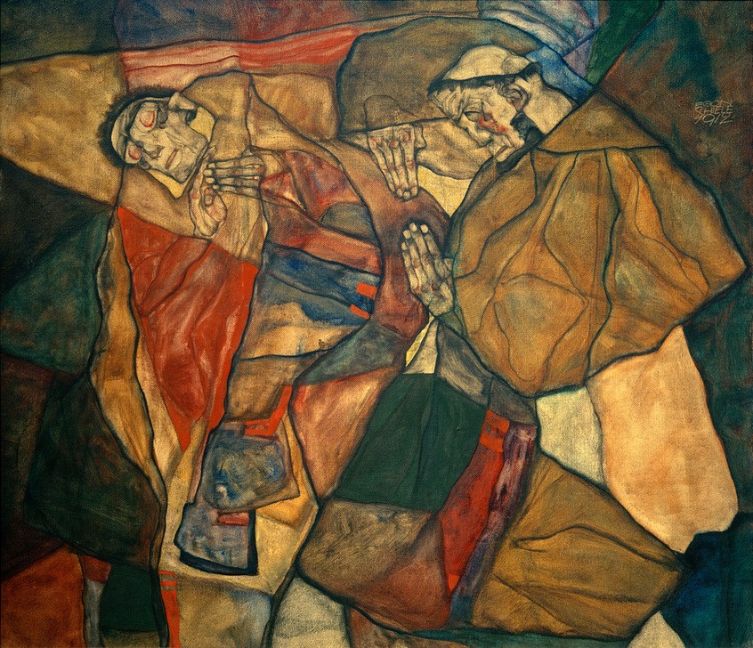 Egon Schiele, Agonie (Der Todeskampf) (Geistlicher,Christentum,Katholische Kirche,Kunst,Mensch,Religion,Tod,Expressionismus,Mönch,Österreichische Kunst,Agonie,Sterben,Letzte Ölung,Todeskampf,Sterbebett,Beistand)