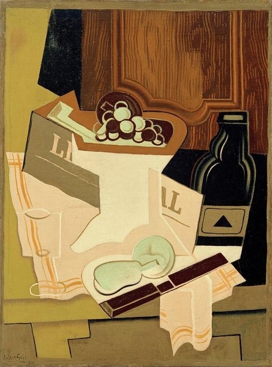 Juan Gris, Nature morte devant l’armoire (Kunst, Möbel, Obst, Schrank, Kubismus, Tisch, Stillleben, Tischtuch, Flasche, Spanische Kunst, Trinkglas, Klassische Moderne, Wohnzimmer, Küche, Wunschgröße)