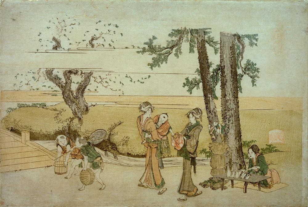 Katsushika Hokusai, Oji (Frau,Kind,Kunst,Landschaft,Mutter Und Kind,Völkerkunde,Japanische Kunst,Fluss,Baum,Bach,Landleben,Kleidung (Allgemein),Ansicht,Kinderleben,Junge Frau,Fischfang,Land Und Leute)