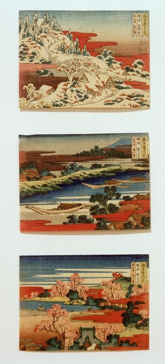 Katsushika Hokusai, Schnee, Mond und Blumen in schönen Landschaften (Baumblüte,Boot,Jahreszeiten,Kirsche,Kunst,Landschaft,Mond,Tempel,Winter,Tageszeiten,Japanische Kunst,Schnee,Frühling,Fluss,Baum,Schrein,Ansicht,Kirschbaum,Mondsichel,Blüte,Kirschblüte,Sakura (Botanik),Signatur)