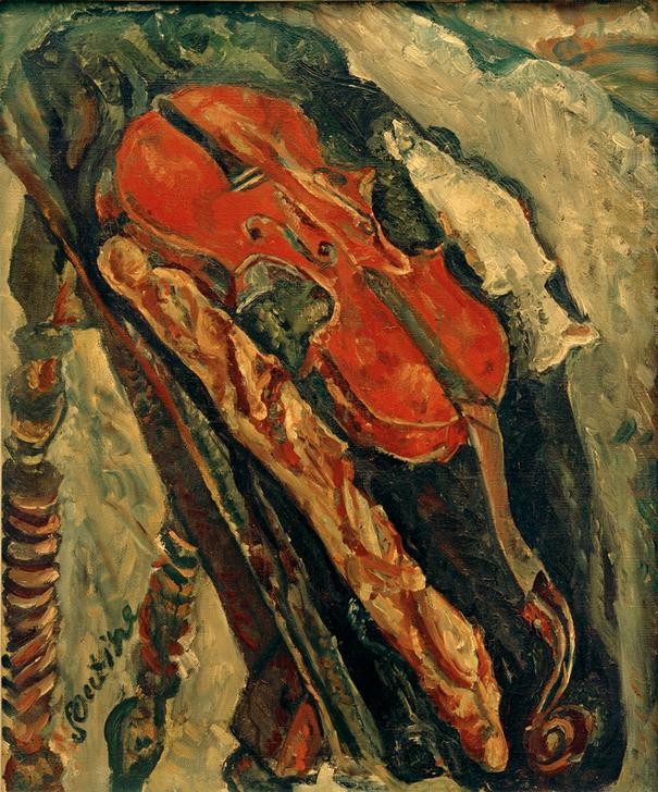 Chaim Soutine, Nature morte au violon, pain et poisson (Brot,Kunst,Litauische Kunst,Musik,Geige,Instrument,Nahrungsmittel,Tisch,Fisch,Stillleben,Expressionismus,Jüdische Kunst,Baguette)