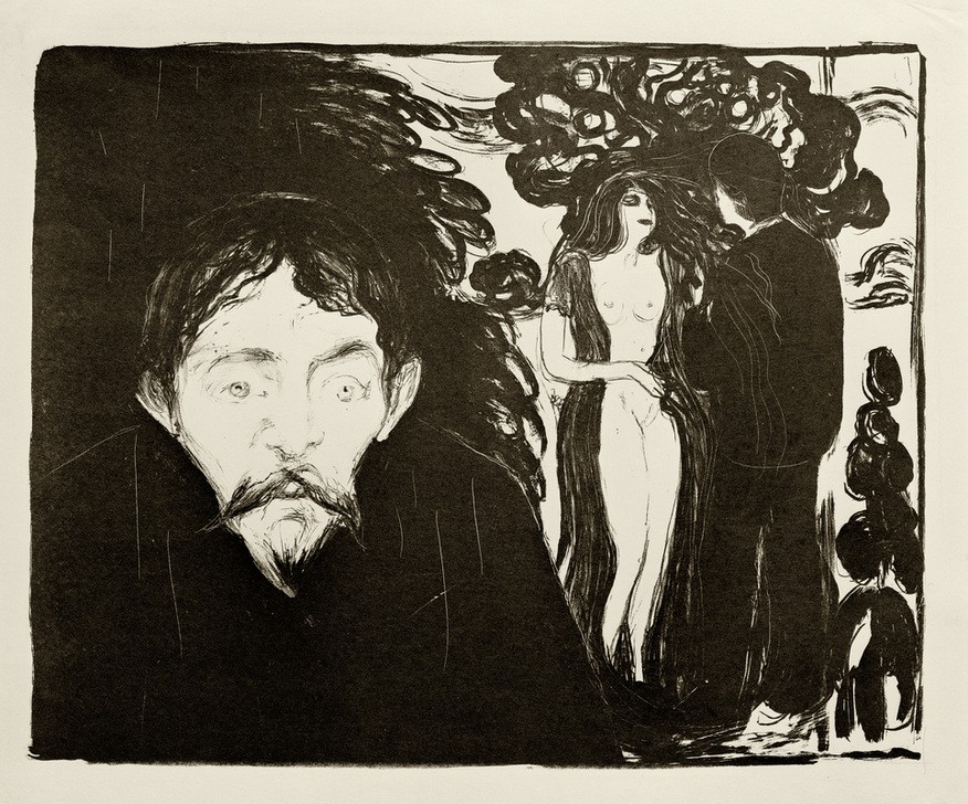 Edvard Munch, Eifersucht II (Eifersucht,Frau,Jugendstil,Kunst,Laster,Liebe Und Ehe,Mann,Symbolismus,Akt,Ehebruch,Norwegische Kunst,Sexualität,Untreue,Isolation,Skandinavische Kunst,Verhältnis,Sexualneid,Seitensprung,Negative Stimmungen Und Gefühle,Zorn)