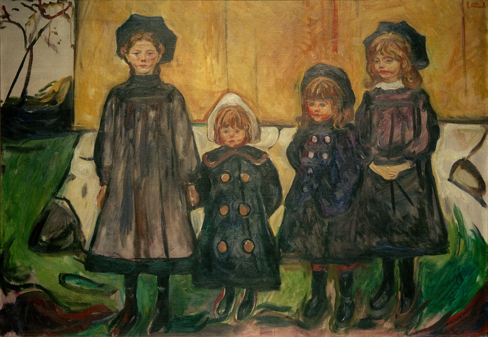 Edvard Munch, Vier Mädchen in Asgardstrand (Die vier Schwestern Bugge) (Familie,Geschwister,Jugendstil,Kindermode,Kind,Kunst,Mädchen,Mensch,Mode,Schwester,Norwegische Kunst,Jahrhundertwende,Individualität,Skandinavische Kunst,Person)