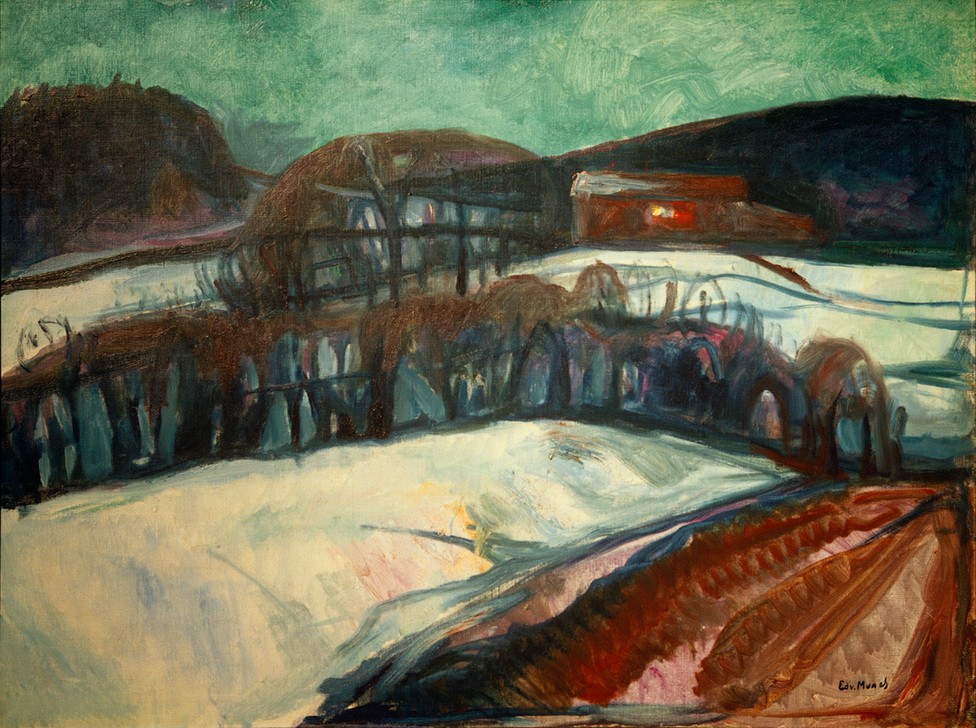 Edvard Munch, Das rote Haus im Schnee (Nächtliche Schneelandschaft) (Haus,Kunst,Landschaft,Winter,Tageszeiten,Nacht,Schnee,Expressionismus,Norwegische Kunst,Skandinavische Kunst)