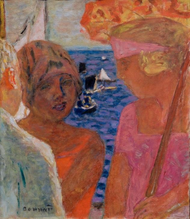 Pierre Bonnard, Conversation à Arcachon (Gespräch, Frauen, Urlaub, Meer, Freizeit, Seebad, Boote, Strandpromenade,  Sonnenschirm, Gesellschaft, Post-Impressionismus,  Wohnzimmer, Wunschgröße, Klassische Moderne)